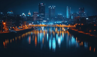 Urban skyline at night illuminated by glowing city lights reflecting on the calm river below, soft blue and orange tones creating a dynamic contras