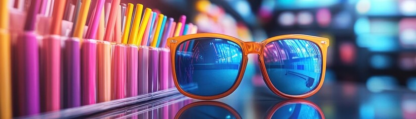 Backtoschool supplies with glowing AR product descriptions, sleek retail display, vibrant colors, photorealistic