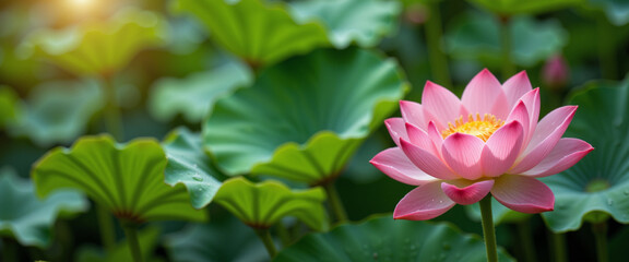 Obraz premium Beautiful pink lotus flower surrounded by lush green leaves conveying tranquility and serenity in a peaceful natural setting