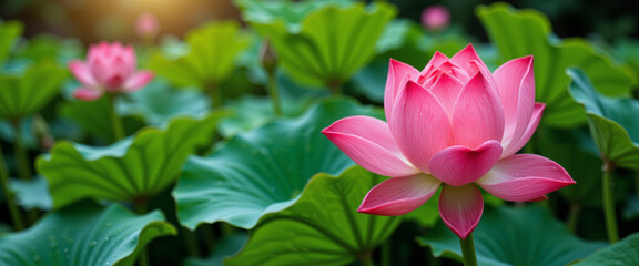 Fototapeta premium Pink lotus flower blooming gracefully above large green leaves in a tranquil garden atmosphere