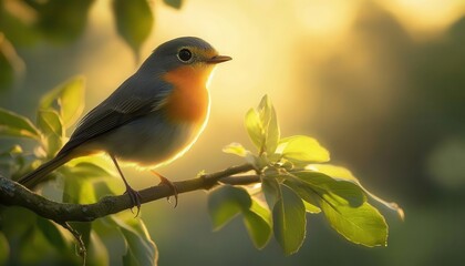 Bird perched on a tree branch with glowing AR species info, vibrant natural backdrop, soft natural lighting, photorealistic