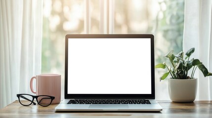 Fototapeta premium laptop computer with a blank white screen on a wooden desk. 