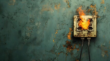 Close up of a deteriorating electrical outlet showing burn marks sparks and signs of a safety hazard due to power surge or electrical failure  The image depicts the concept of an old worn