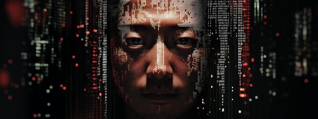 Face made of digital data and pixels, seamlessly merging with a surrounding data matrix. Human features with abstract digital lines, representing the fusion of AI and human intelligence