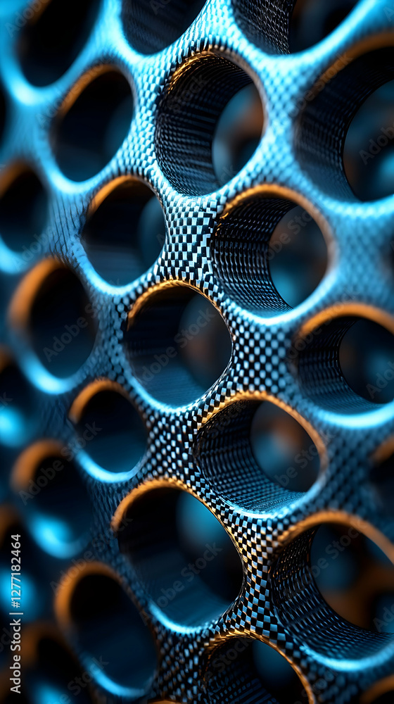 Poster abstract three dimensional pattern with interlocking metallic circles and grid texture