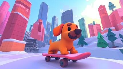 A playful cartoon dog skateboards through a colorful cityscape.