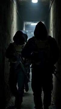 Unrecognizable group of armed men walking in the dark. Organized crime, paramilitary concept