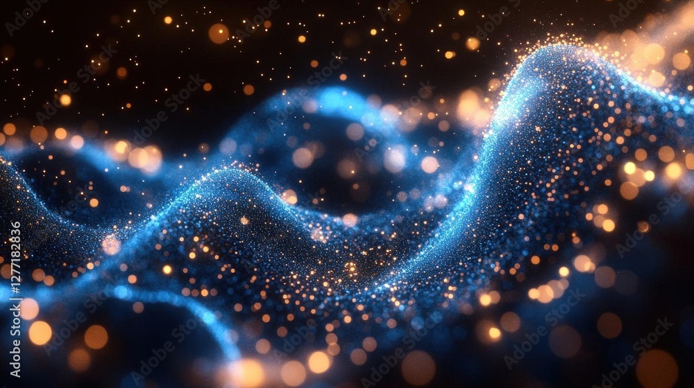 Poster abstract glowing particle wave in blue and orange with bokeh lights on black background