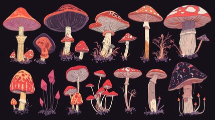 Collection of illustrations of different types of mushrooms. there are nine mushrooms in total, arranged in a grid-like pattern on a black background.