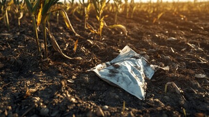 A bag of toxic fertilizer lying on the soil in a field. Featuring environmental awareness and caution