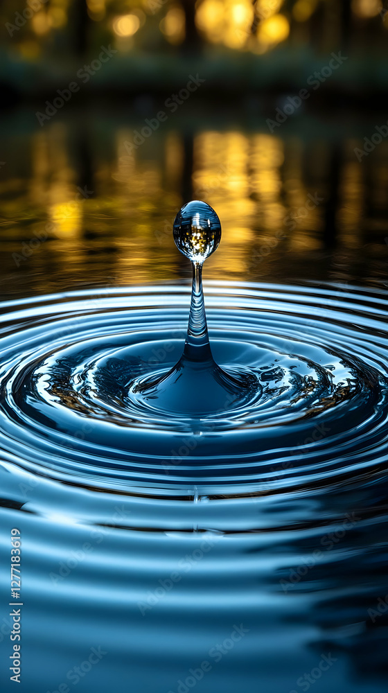 Aufkleber water drop creating ripples on a pond surface during the golden hour with blurred background