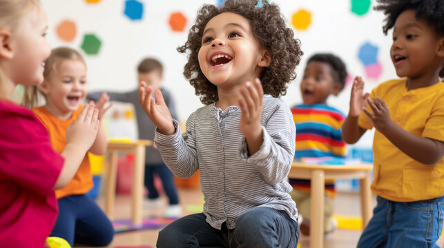 A vibrant kindergarten classroom with enthusiastic educator and children engaging