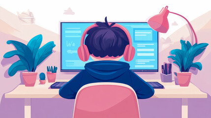 Obraz premium Work from Home, Boy with Headphone, Online Studying, Back View, Workplace with Computer and Plants