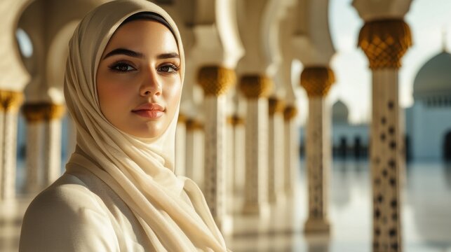 Beautiful Woman in Hijab Posing Indoors with Architectural Columns