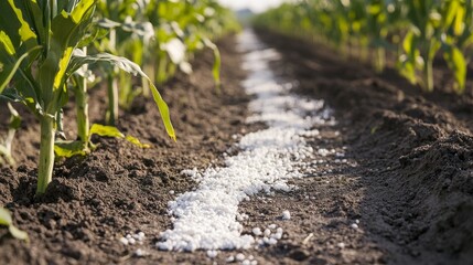 Toxic fertilizer affecting a farm field, causing environmental damage. Featuring chemical exposure and stunted crop growth