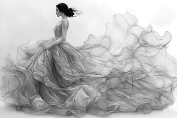 Fototapeta premium an elegant woman in a flowing dress, made in thin, as if sketched with a pencil, lines. 