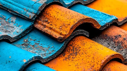 Close up view of a traditional clay tile roof showcasing intricate textures vibrant orange and blue hues and a weathered vintage aesthetic