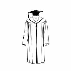 Minimalist line drawing of academic regalia. Traditional graduation gown and cap with tassels shown in clean style. Concept: Academic Fashion, Graduation Attire