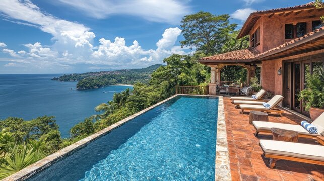 Scenic villa with infinity pool overlooking the ocean and lush greenery.