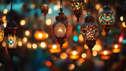 Colorful Lanterns Illuminating in a Warm Ambient Night Setting