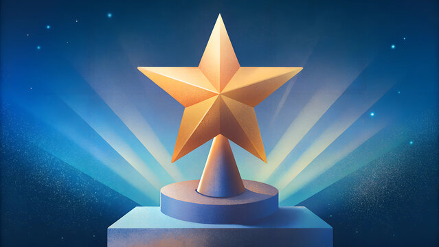 Brilliant golden star trophy radiates light against starry blue backdrop. Prestigious award sits atop dark pedestal. Concept: Awards ceremony, Achievement recognition