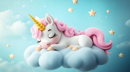 Naklejka premium Little unicorn sleeps on a cloud