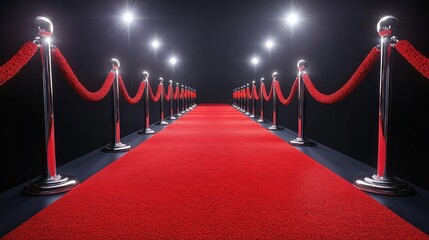 A red carpet with stanchions, typically used for glamorous events and ceremonies.