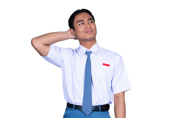 Fototapeta premium Indonesian Male High School Student in Uniform Thinking or Confused Isolated Transparent