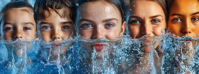 Collage of scenes of different people drinking clean water: child, athlete, elderly person, businesswoman, expression of refreshment and joy