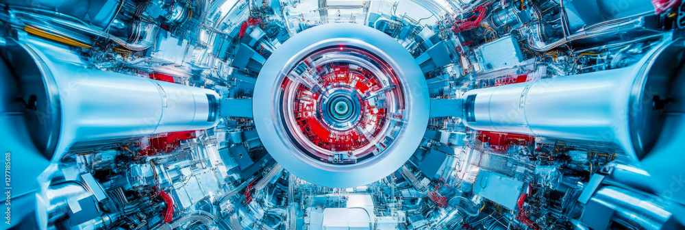 Poster advanced technological apparatus: complex internal machinery within a futuristic circular portal for