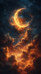 Obraz premium Breathtaking Fantasy Night Sky with Fiery Crescent Moon Photo