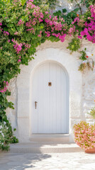 Floral Entrance: A white door framed by climbing pink blooms, stone wall, and potted blossoms, evokes a Mediterranean charm