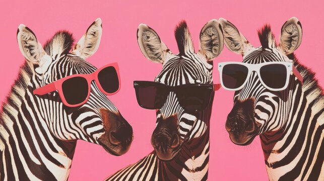 Three zebras standing side by side on a pink background. they are all wearing sunglasses with black frames and white stripes.