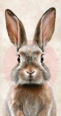 Fototapeta premium A cute little rabbit is peeking out of a pink circle on a white background, in a minimalist style