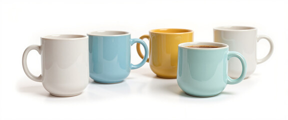 Colorful coffee mugs arranged together in a cozy setting conveying warmth and togetherness representing a friendly gathering with a clean white background