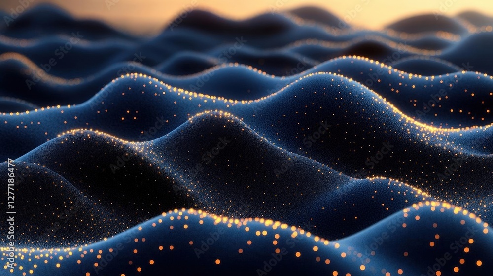 Poster abstract three dimensional wavy blue surface with golden particle accents in dynamic rendering