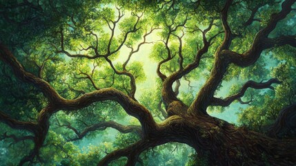 Fototapeta premium Ancient Tree Canopy: An upward perspective showcases a sprawling, ancient tree's lush green canopy, its gnarled branches reaching out with an aura of timelessness.