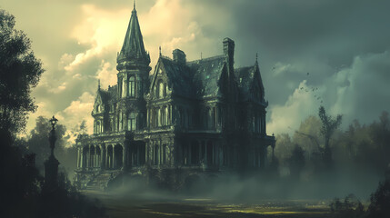Ethereal victorian mansion: a spectral architectural vision. Spectral Victorian Mansion. Illustration