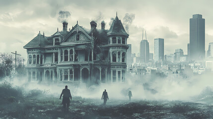 Ghostly apparitions hover near a dilapidated victorian mansion, juxtaposed with the modern city skyline in the backdrop, under a brooding sky. Spectral Victorian Mansion. Illustration