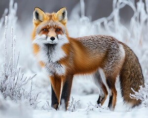 Fototapeta premium Plain snowy landscape with a red fox, crisp winter morning, award-winning photography