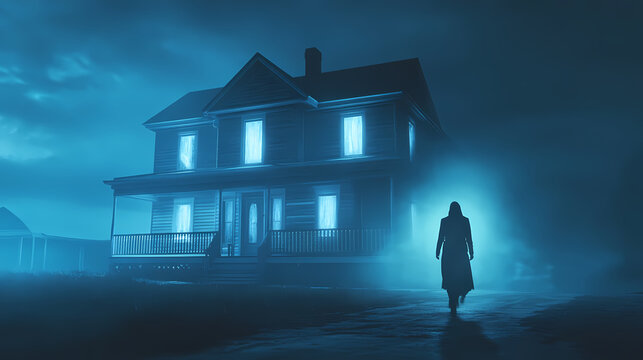 Ghostly figure slowly approaches glowing house at night photo. ai generated. Spectral Victorian Mansion. Illustration