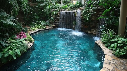 Naklejka premium A serene indoor pool with waterfalls surrounded by lush greenery and vibrant flowers.