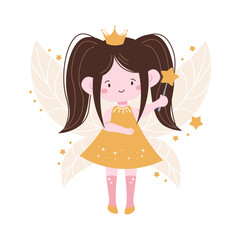 Flat style illustration of a cute fairy with balck hair, holding a magic wand, surrounded by golden stars, ideal for children's designs, fantasy themes, and magical projects.