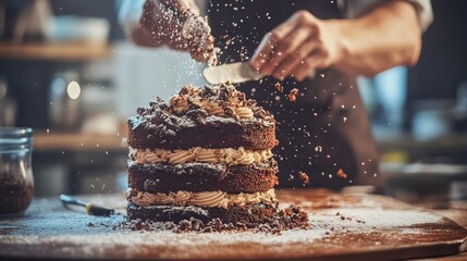 Delicious Chocolate Cake Being Decorated with Crushed Cookies