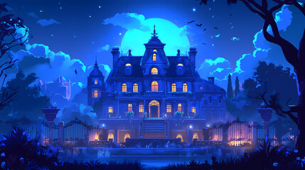 Haunted victorian mansion with spooky ambiance and glowing lights, seamless background design. Spectral Victorian Mansion. Illustration
