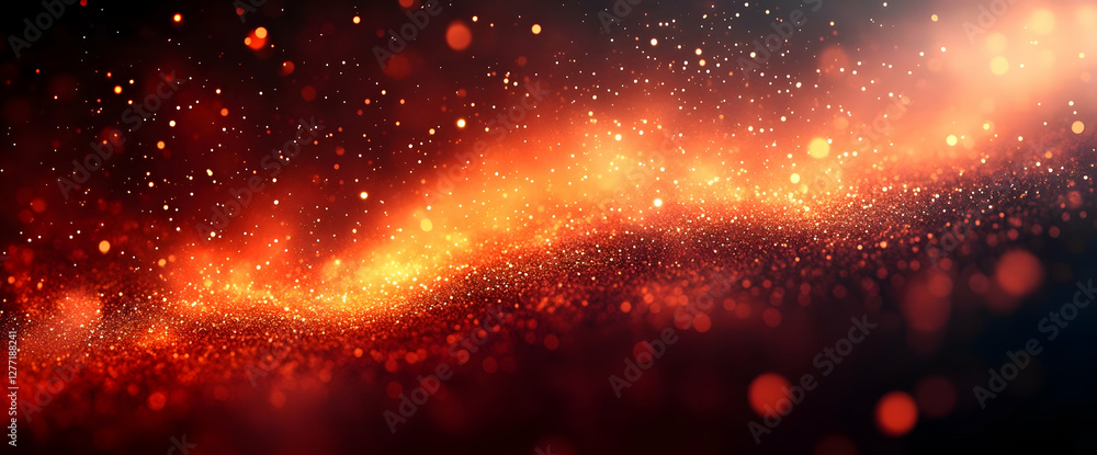 Poster dramatic orange red particle stream with glittering bokeh effect on dark background