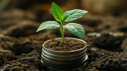 A young plant growing from a pile of coins, symbolizing investment in sustainability.