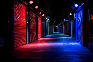 Fototapeta premium Empty Night Street with Colorful Neon Lights and Closed Shutters