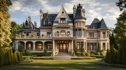 Luxury victorian architecture mansion intricate details large windows manicured garden in the foreground grand entrance highlighted. Spectral Victorian Mansion. Illustration