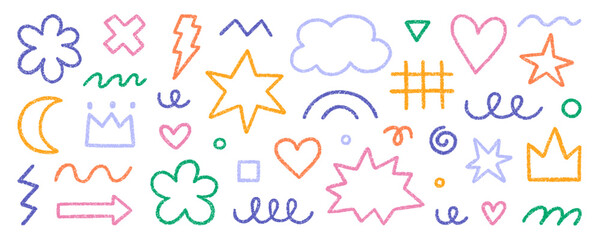 Abstract geometric shapes and forms, chalk pencil doodle set. Crayon modern figures, brush crown, stars, arrow in sketch style. Hand drawn vector illustration isolated on white background